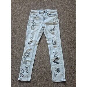 Lure Jeans Women's 30W Blue Light Wash Hand Art Distressed Ripped Tapered Skinny